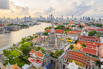 Beautiful aerial view of Buddhist temple or Wat Arun Ratchawararam Ratchawaramahawihan with famous...