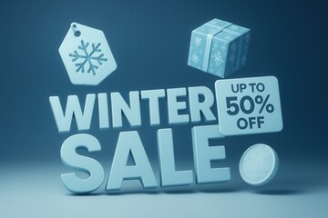 Winter SALE banner featuring UP TO 50% OFF discount offer, frosty vibe, appealing winter retail promotion.