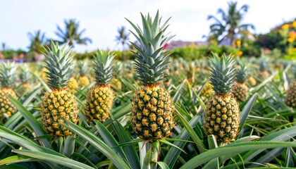 Lush pineapple plantation with ripe fruit in foreground, blurred tropical background