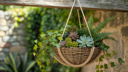 Beautifully arranged hanging basket filled with lush green succulents and trailing plants outdoors