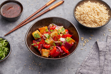 Rice with sweet and sour tofu