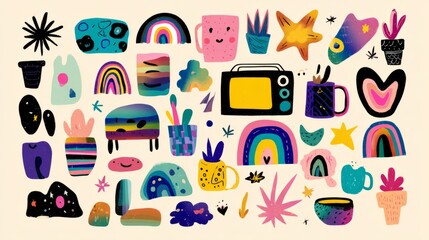 Set of cute abstract kidcore elements featuring 90s and 2000s inspired playful hippie shapes, childish naive art objects, and colorful fun flat vector illustrations on isolated background for creative