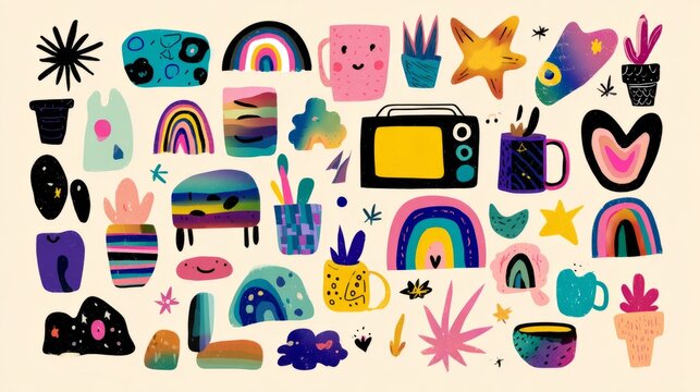 Set of cute abstract kidcore elements featuring 90s and 2000s inspired playful hippie shapes, childish naive art objects, and colorful fun flat vector illustrations on isolated background for creative