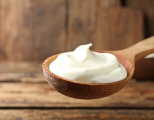 Creamy yogurt in a wooden spoon
