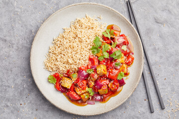Rice with sweet and sour tofu