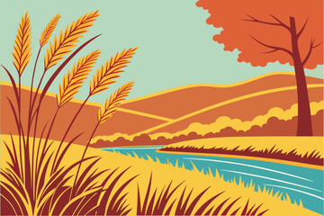 autumn landscape showcases golden grass, mountains, river, and orange tree against teal sky