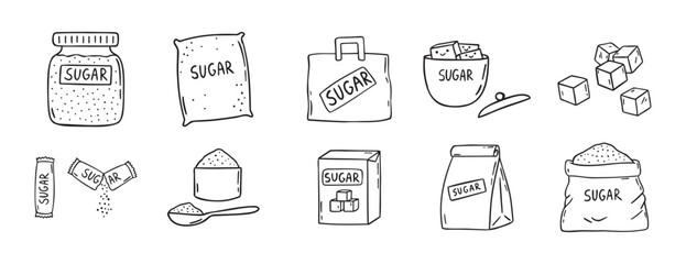 sugar doodle hand drawn icon set. Outline drawing sugar packaging, sugar cubes line clipart symbol collection