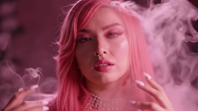 Stylish Woman with Pink Hair and Septum Piercing in Pink Smoke.