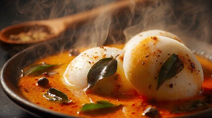 Steaming idli dipped in spicy sambar.