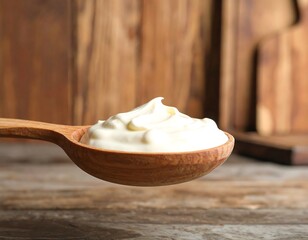 Creamy yogurt in wooden spoon on rustic table