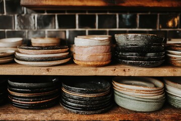 Stacked pottery dishes on wooden shelves