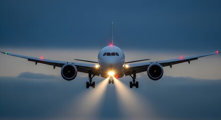 Naklejka premium Airplane Approaching for Landing with Bright Headlights at Dusk aircraft airliner