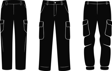 Modern cargo pants vector silhouette set, tactical utility trousers illustrations, military fashion icons, workwear apparel design, casual outfit template
