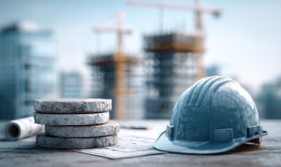 Construction site featuring hardhat, materials, and blueprints, with cranes