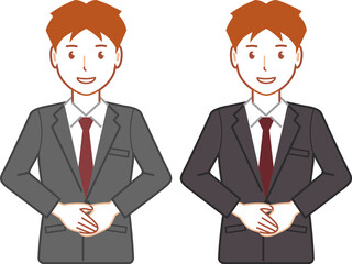 グレースーツ、ショートヘアの手を前で重ねる若い男性