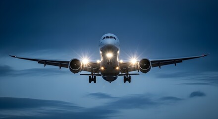 Airplane with bright headlights flying in the dark blue sky above clouds aircraft