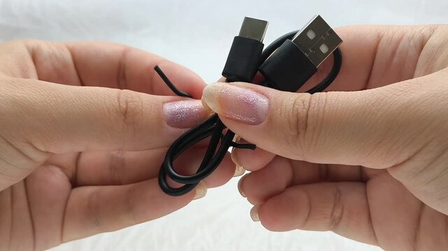 The woman folds the cable and ties it with a packing wire. Cables, wires with USB connector