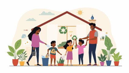 Family Recycling Together at Home with Plants and a Bright Sun