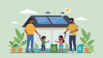 Family Recycling Together with Solar Panels on the Roof, Promoting Sustainability.