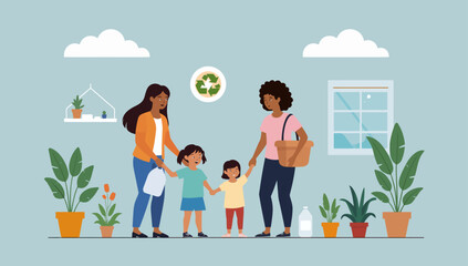 Two Mothers and Children Embracing Eco-Friendly Living and Recycling