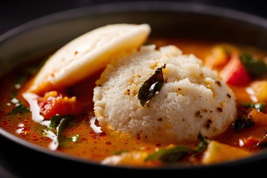 Close-up of idli dipped halfway into sambar curry.