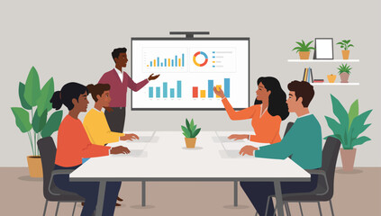 Diverse team analyzing charts during a business presentation in a modern office