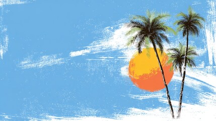 Summertime background with tropical palm trees, bright summer sun, and white brush strokes for seasonal graphic design, hot sunny days illustration, vibrant summer vector artwork for posters, social m