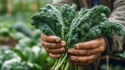 Farmer holding freshly harvested kale in field.