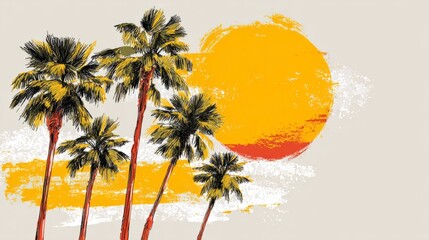 Summertime background with tropical palm trees, bright summer sun, and white brush strokes for seasonal graphic design, hot sunny days illustration, vibrant summer vector artwork for posters, social m