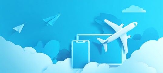 Plane takeoff background. Fly and travel holiday concept. Generative AI technology.	
