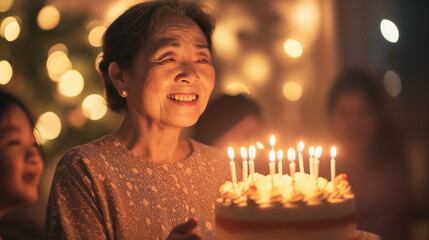 Elderly Woman Smiling with Birthday Cake and Candles