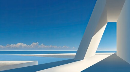 White architectural structure overlooking a tranquil ocean