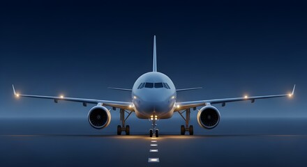 Naklejka premium Modern Jet Airplane on Tarmac at Night with Illuminated Runway aircraft airliner