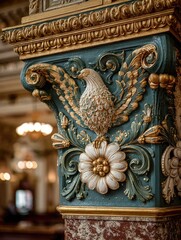 Detailed shot of a decorative column capital with floral and avian motifs