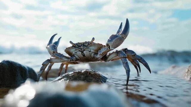A detailed image of a crab in the sea, on a blurred background of water and sky