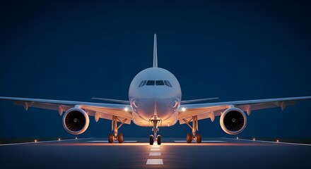 Naklejka premium White passenger jet airplane on a runway at dusk with illuminated lights aircraft