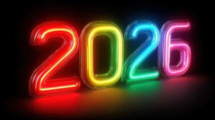 Illuminated 2026: A vibrant, neon-lit display of the year 2026, featuring a spectrum of colors and a glowing appearance against a dark background. Generative Ai