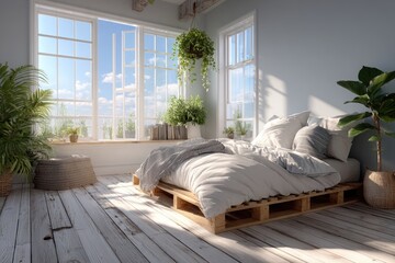 Bright bedroom with large windows, plants, and wooden pallet bed