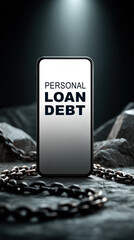 Personal loan debt displayed on smartphone screen with heavy chain on dark stone background symbolizing financial burden debt concept