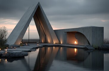 Modern concrete structure by water, fire, twilight