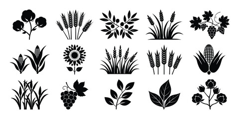 Collection of Black and White Agricultural Plant Silhouettes and Icons