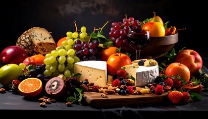 A colorful array of cheeses, fruits, and grapes, presented on a dark surface with a wine glass.