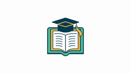 Stylized graduation cap atop an open book with teal and gold accents