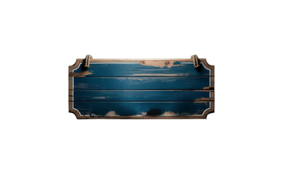 Rustic weathered blue wooden sign with distressed edges and rope detail, transparent background