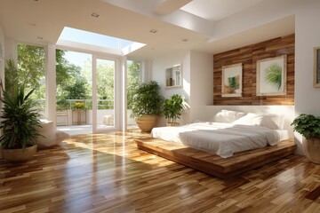 Sunlit bedroom with a modern, minimalist design.  Spacious and bright interior