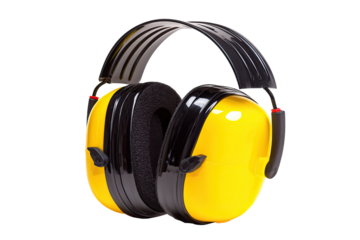 Bright yellow earmuffs, black accents, and adjustable headband.  Safety hearing protection, isolated on white background