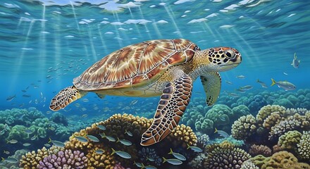 Obraz premium Sea Turtle in Coral Reef Underwater.