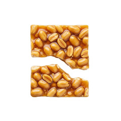 Single golden-amber peanut brittle, translucent caramelized sugar, whole roasted peanuts, jagged break, on seamless transparent, top-down view. Concept for high-end food product advertising
