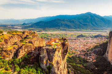 The monastery Meteora, aerial rocky monasteries complex in Greece near Kalabaka city. Monastery of the Holy Trinity