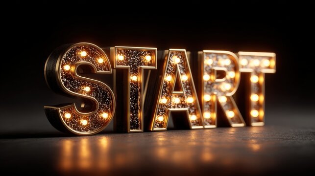 Illuminated START: A captivating, cinematic close-up of the word START aglow with vintage-style light bulbs, creating a powerful visual representation of beginnings and inspiration. Generative Ai